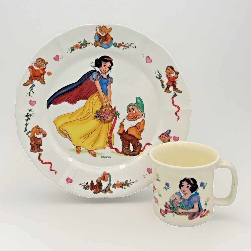 Vintage Disney Snow White Seven Dwarfs ESI Selandia Plastic 2 Pc Plate Mug Set